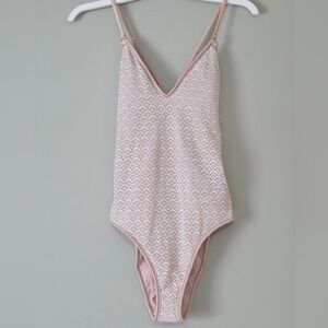 PQ Swim Lace Metallic Gold One-Piece Swimsuit Sz L Coquette Resortwear Festival